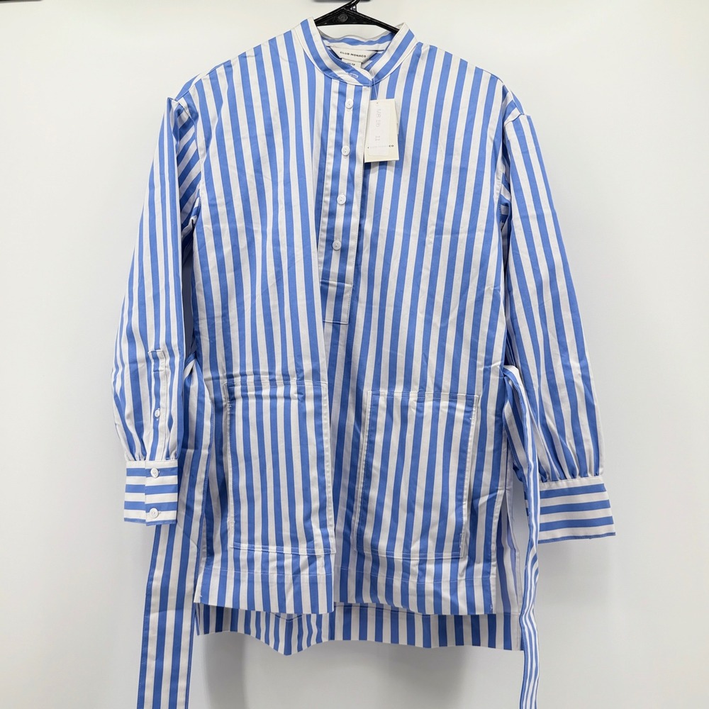 Club Monaco XS Blue White Striped Half Placket Tunic Chemise Shirt with Belt NEW